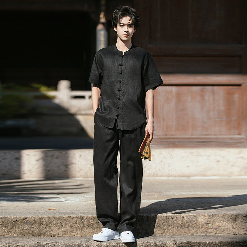 亚麻短袖衬衫直筒长裤简约时尚风男夏清凉套装TZ1205p190,男装休闲套装,电商A016