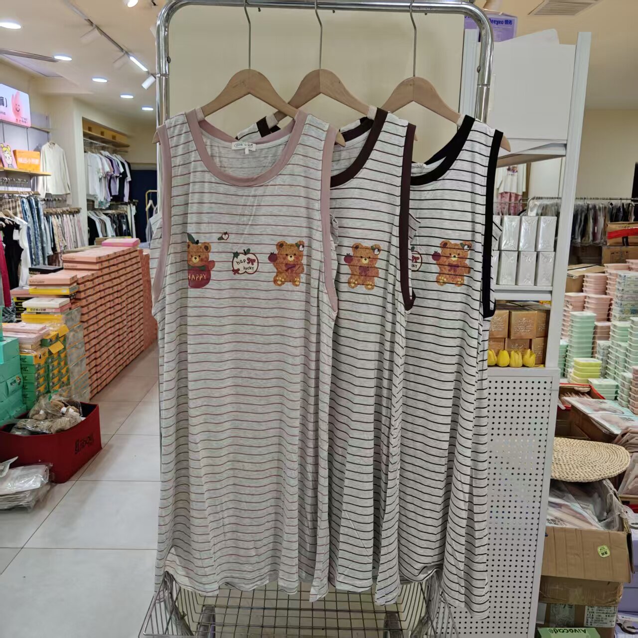 夏季卡通条纹带胸垫可外穿睡裙
