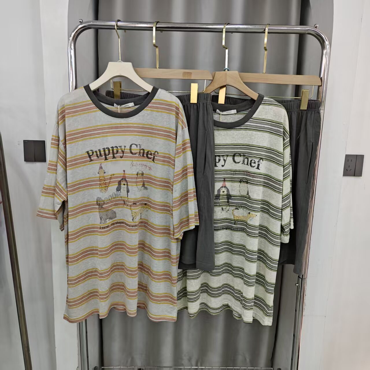 新款卡通条纹睡衣男士短袖短裤可外穿宽松舒适圆领家居服套装8062