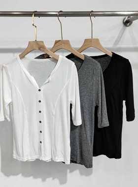 早秋新款女士亲肤舒适V领短袖开衫T恤天丝羊毛鱼骨线打底衫85231