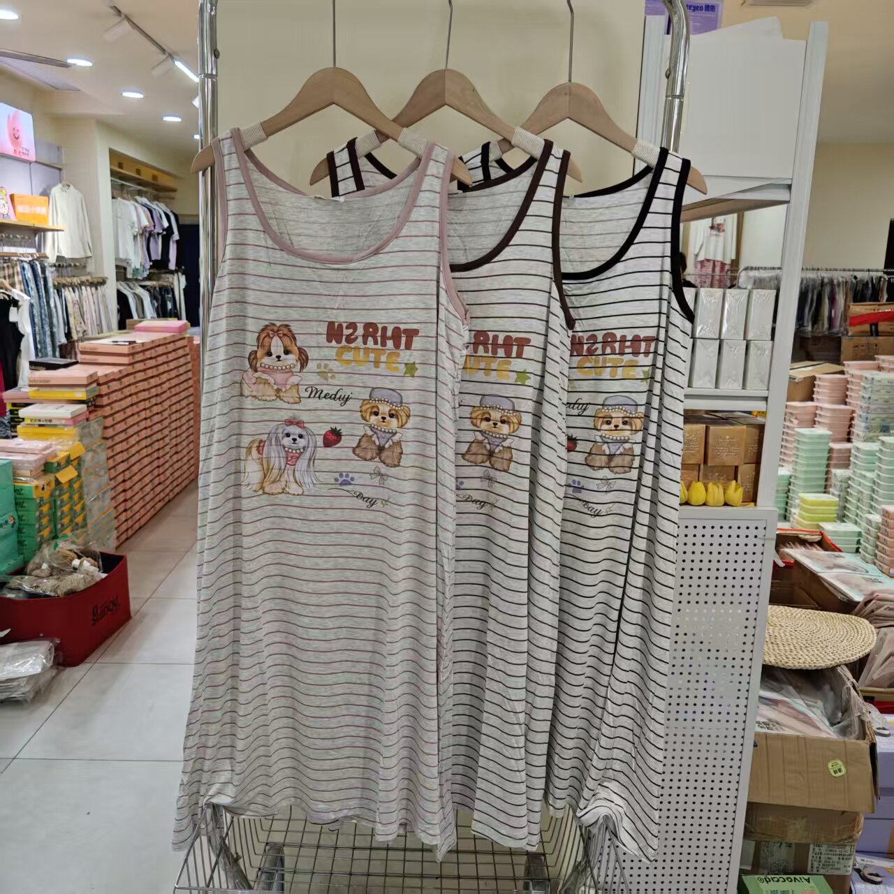 夏季卡通条纹带胸垫可外穿睡裙