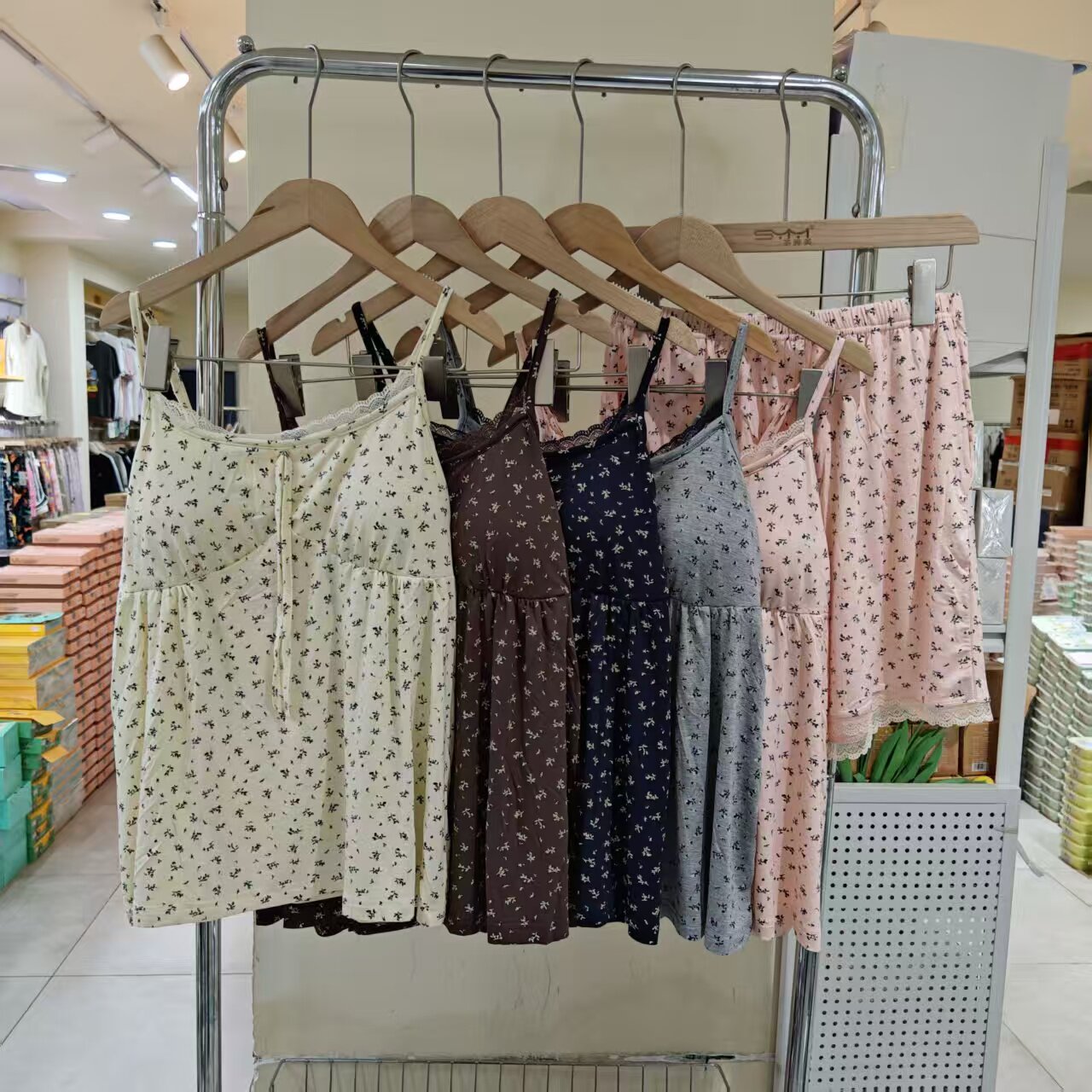 夏新款吊带短裤带胸垫可拆卸睡衣女小碎花休闲甜美家居服套装6096