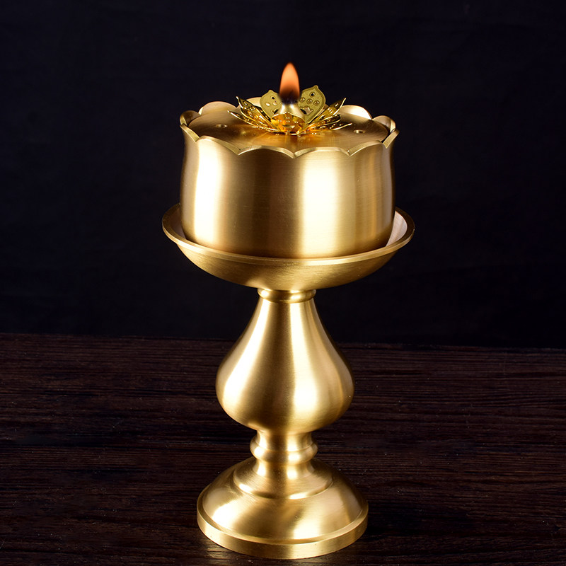 供佛高脚铜碗油灯有盖莲花油碗供佛灯佛堂长明贡灯液体酥油灯烛台