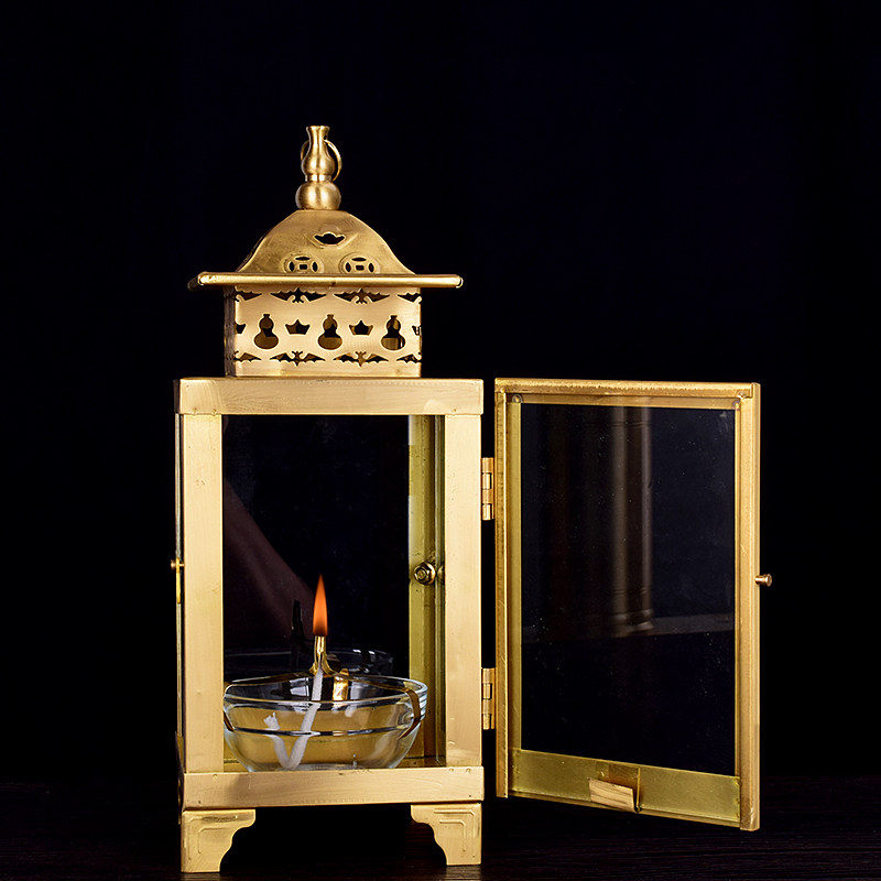 供佛四面防风铜天灯防风油灯佛灯供灯玻璃碗油灯家用烛台包邮