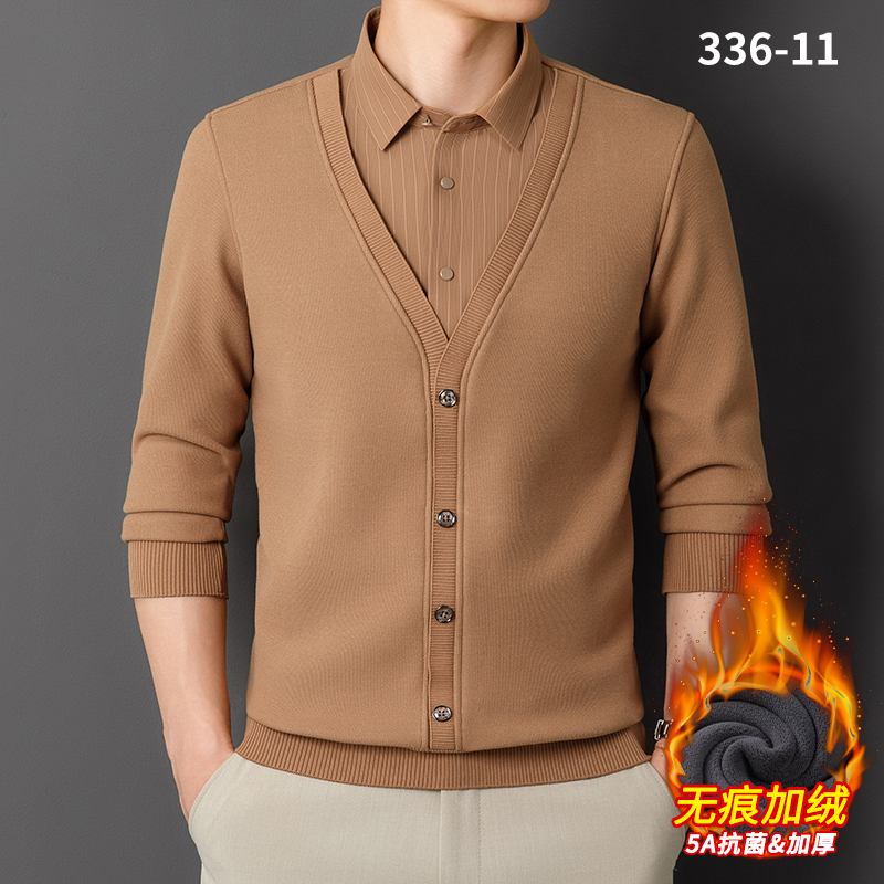 【加绒加厚】保罗秋冬中老年爸爸装针织衫男士假两件保暖打底毛衣