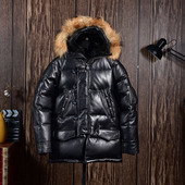 N3B男士 中长款 进口绵羊皮真皮皮衣加厚羽绒服貉子大毛领御寒神器