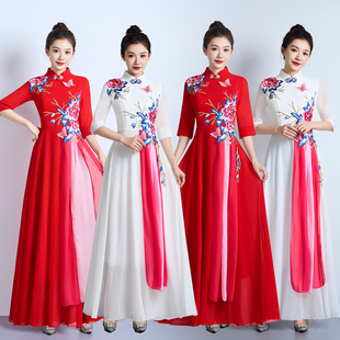 中国风旗袍走秀大合唱团演出服女长裙2025新款主持迎宾礼仪晚礼服