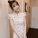 夏年轻学生连衣裙 少女日常中国风短款 碎花改良版 旗袍甜美荷叶边袖
