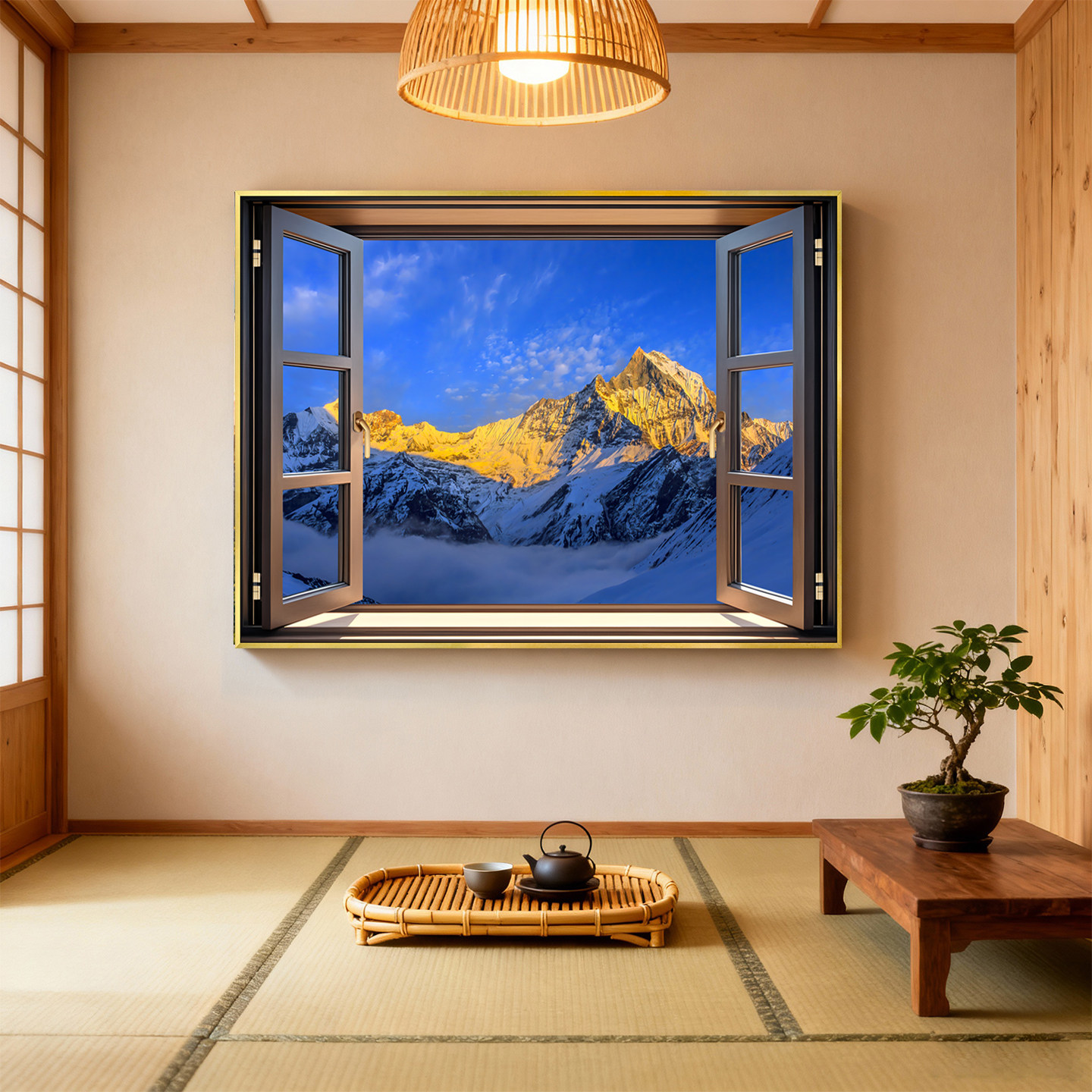 日照金山仿真假窗户装饰画现代田园山水风景客房餐厅民宿延伸挂画