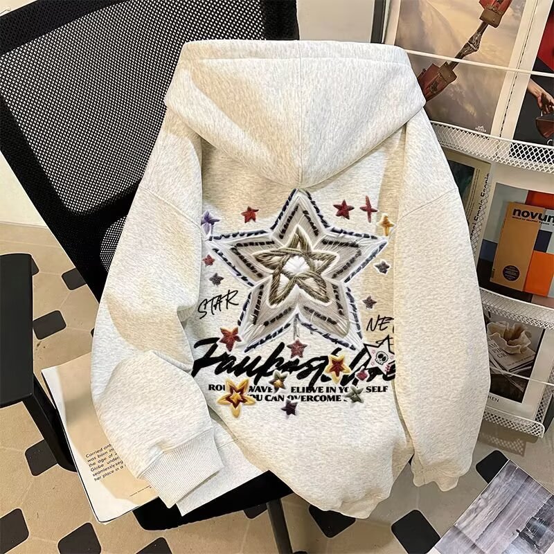 秋冬季重磅加绒加厚连帽卫衣女2024新款美式潮流六芒星宽松情侣装