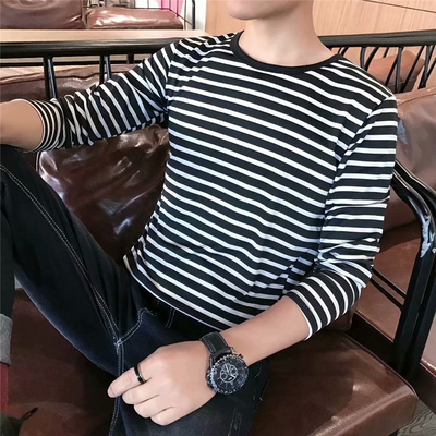 条纹长袖t恤男士修身百搭打底衫