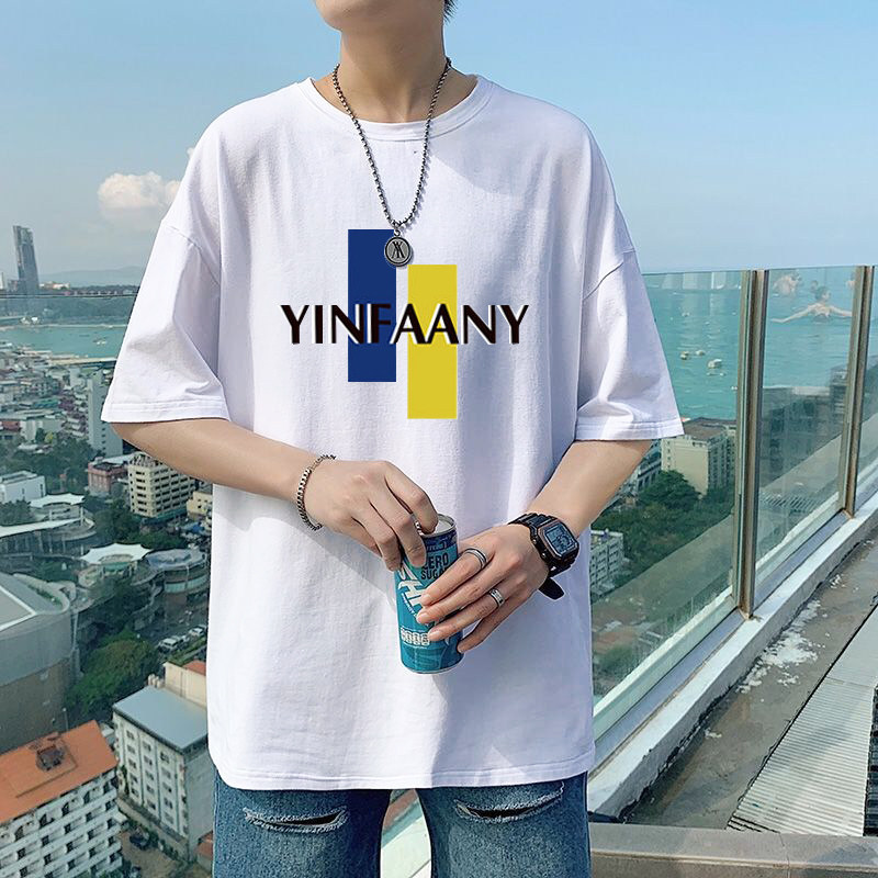 港风男士五分袖宽松衣服夏季潮流半袖t恤男生圆领短袖上衣打底衫