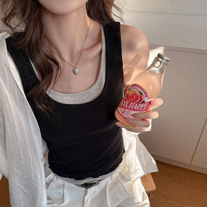 W春夏设计感假两件吊带背心女新款内搭打底韩系撞色美式复古上衣