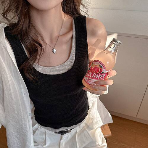 W春夏设计感假两件吊带背心女新款内搭打底韩系撞色美式复古上衣