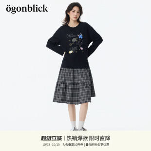 北欧时刻水果燕子刺绣设计拼接格子连衣裙女26年秋季新款宽松裙子