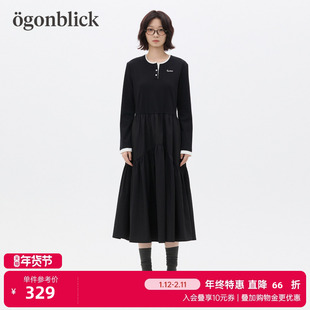 商场同款]北欧时刻撞色上衣拼接不规则连衣裙女26春季新款A字裙子