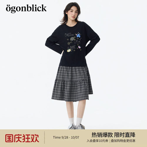 北欧时刻水果燕子刺绣设计拼接格子连衣裙女26年秋季新款宽松裙子