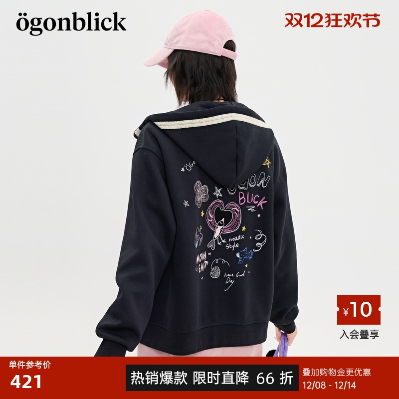 商场同款北欧时刻涂鸦彩绘印花撞色连帽外套女25秋冬新款休闲卫衣