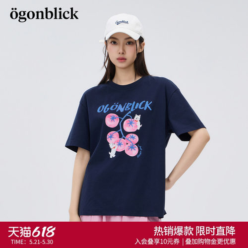 北欧时刻商场同款藏青色短袖T恤女2026年春夏季新款印花宽松上衣
