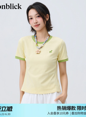 北欧时刻'小狗刺绣撞色黄色T恤女2026年夏季新款修身显瘦短款上衣