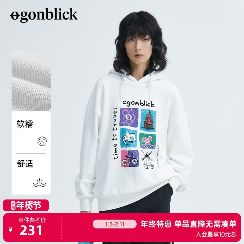 [商场同款]北欧时刻连帽白色卫衣女秋冬新款宽松涂鸦印花上衣外套