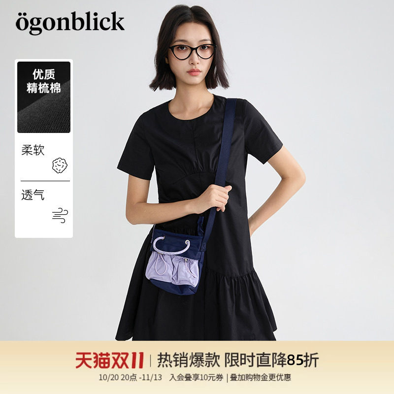 商场同款北欧时刻黑色褶皱设计感连衣裙女2026年夏季新款短袖裙子