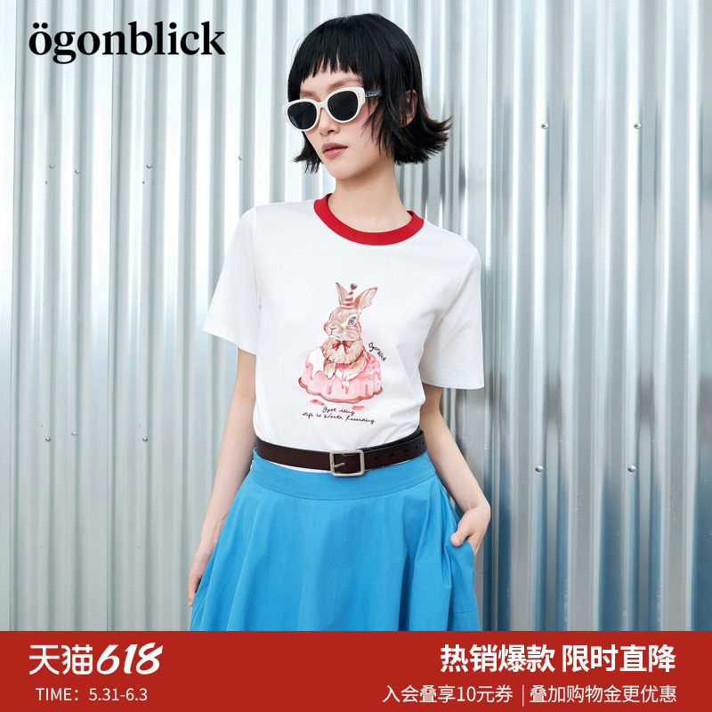 北欧时刻'布丁蛋糕兔子印花撞色T恤女夏季新款设计感宽松百搭上衣
