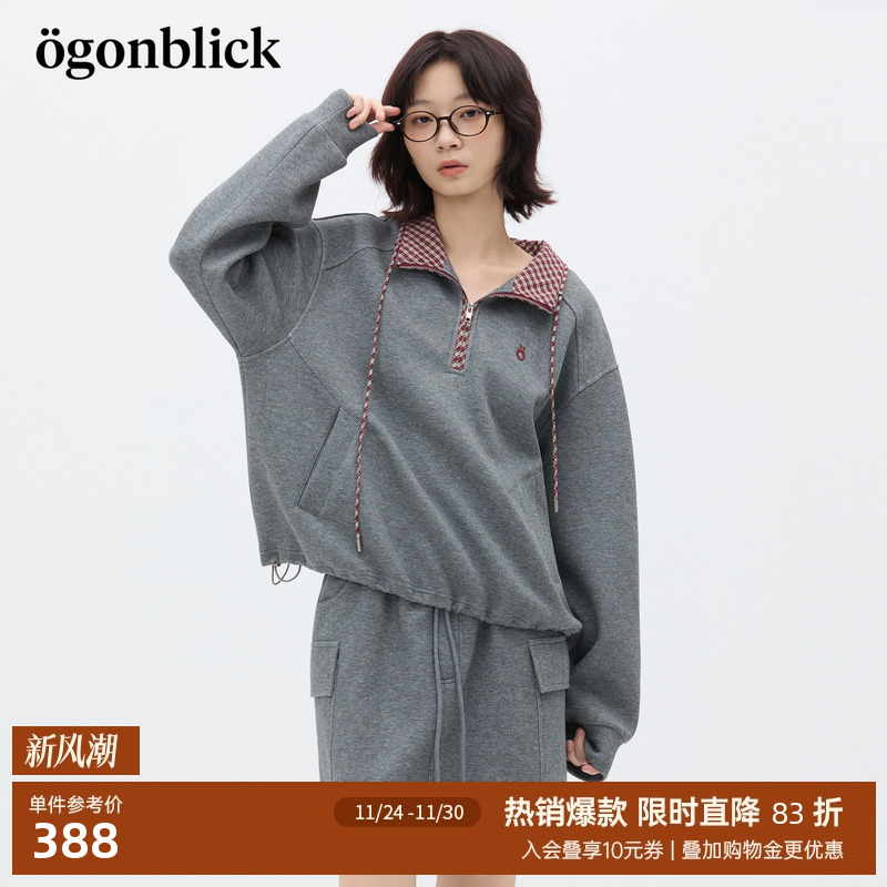 商场同款北欧时刻格子撞色刺绣翻领卫衣女25年秋季新款小个子上衣