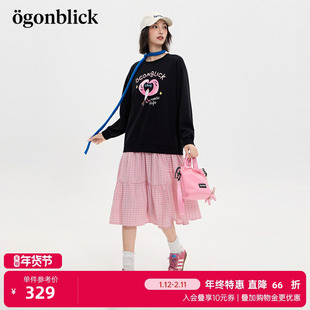 商场同款北欧时刻甜酷印花卫衣拼接格纹连衣裙女春季新款元气裙子