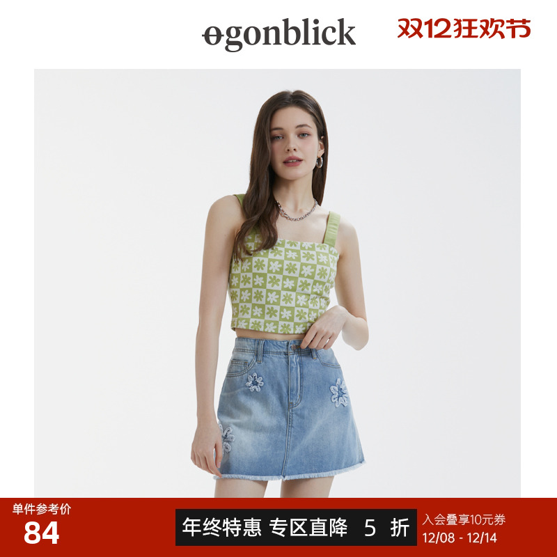 [商场同款]北欧时刻2025夏季新款清新格纹小花吊带背心带胸垫上衣