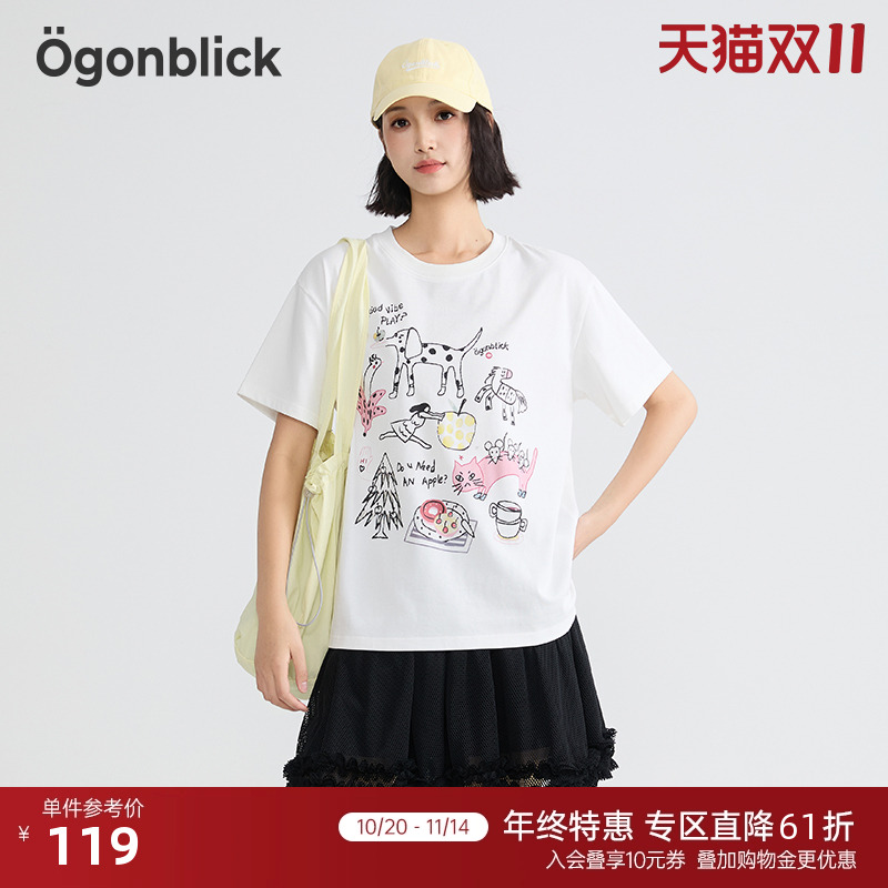 商场同款北欧时刻涂鸦设计白色T恤女夏季新款小个子百搭圆领上衣