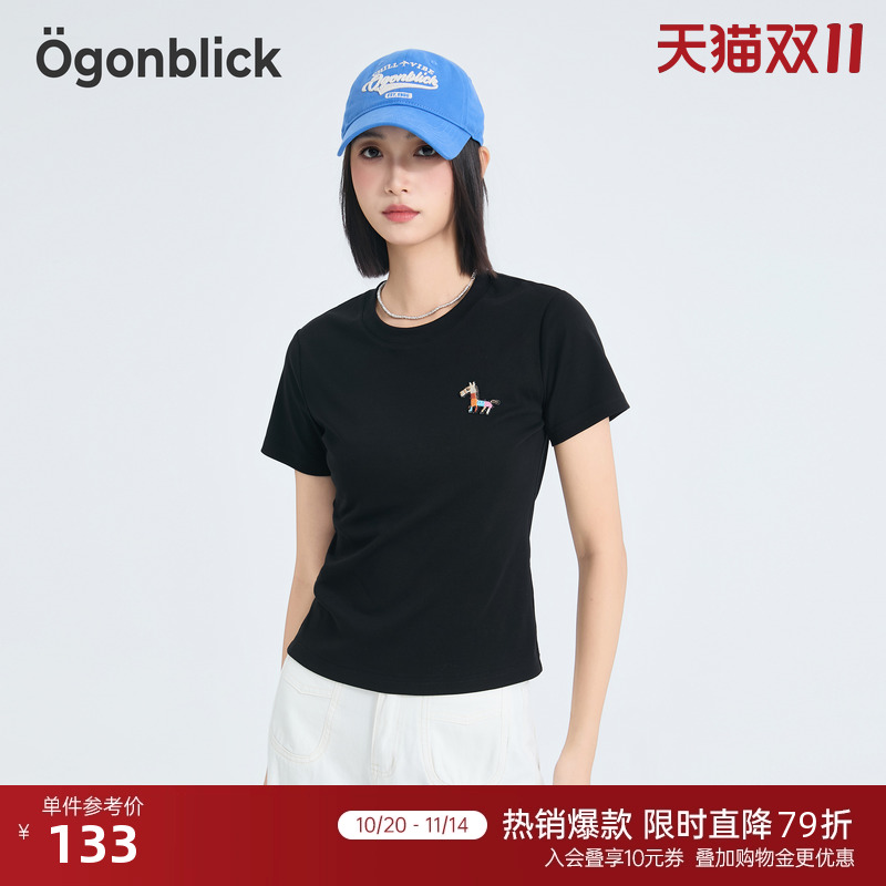 小马刺绣黑色T恤女2025年夏季