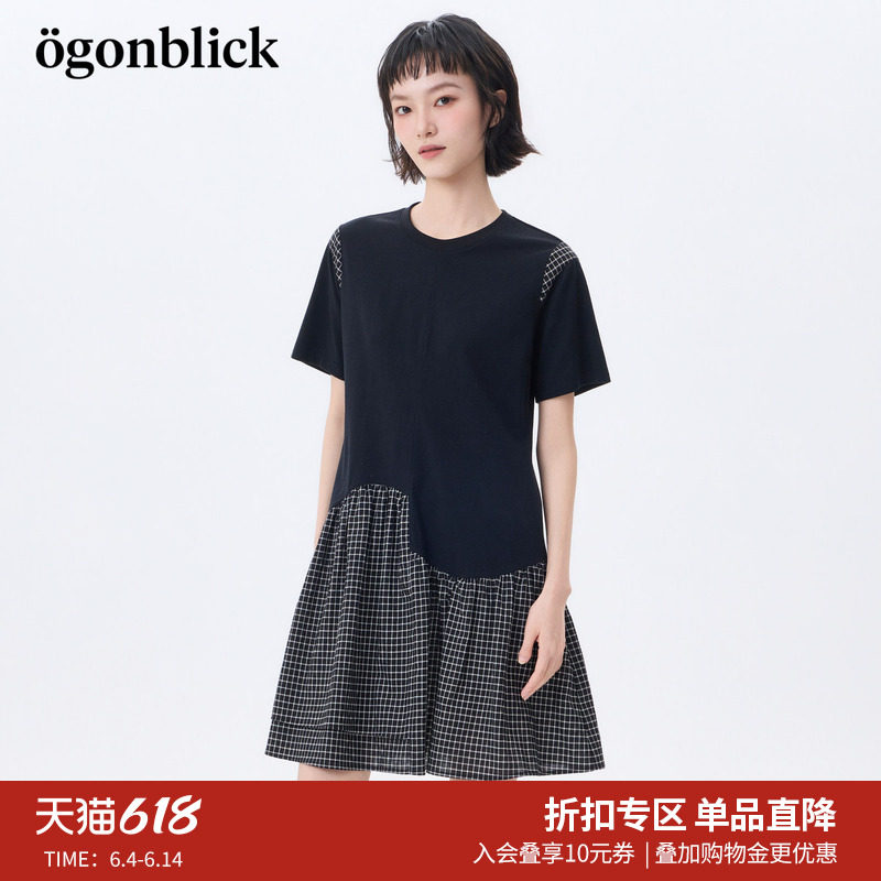 北欧时刻黑色不规则格子拼接连衣裙女2026年夏季新款解构设计短裙