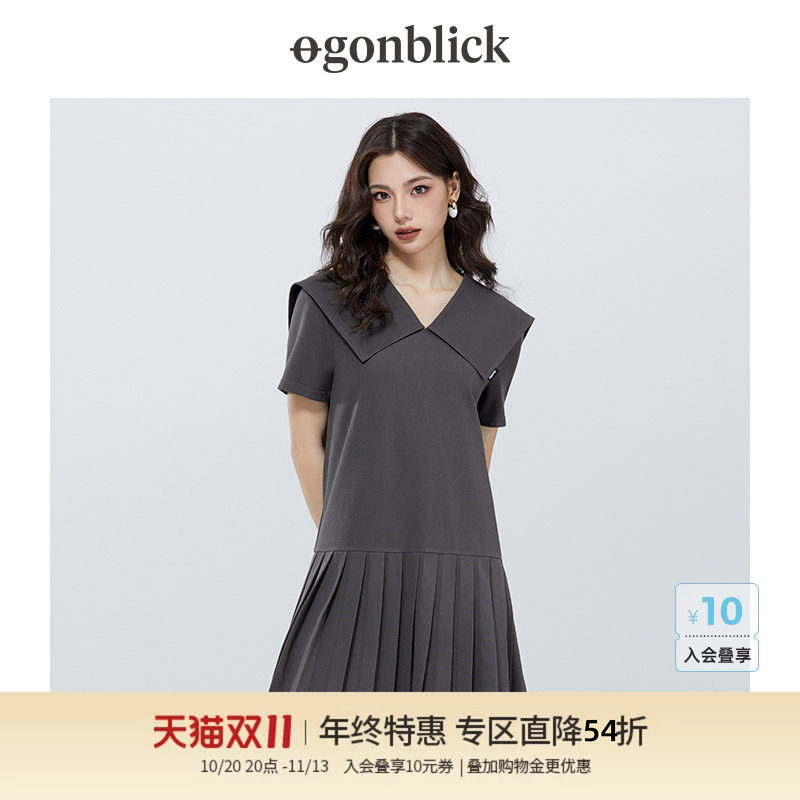 北欧时刻海军领拼接百褶连衣裙夏季大翻领复古减龄小个子中长裙子