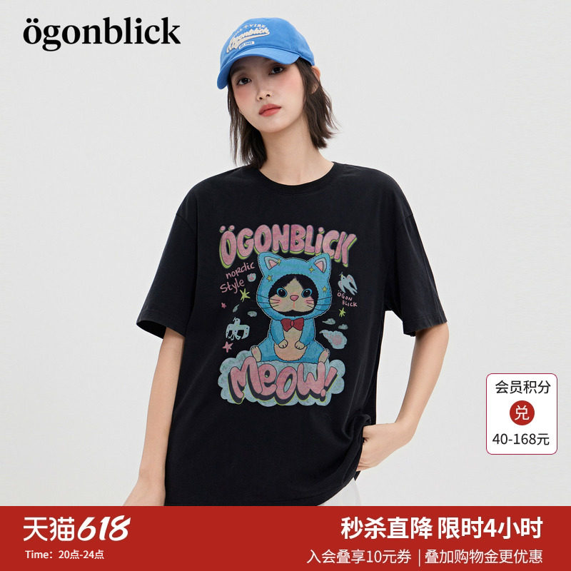 商场同款]北欧时刻逗鸭联名潮酷猫咪黑色T恤女26夏季新款萌趣上衣