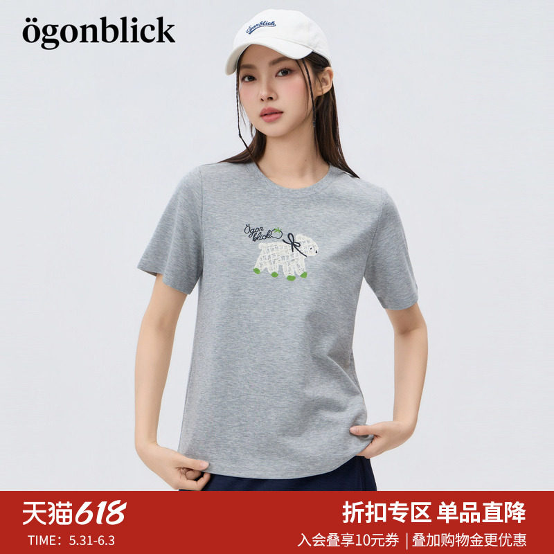 商场同款'北欧时刻小熊字母绣花T恤女2026年夏季新款直筒百搭上衣