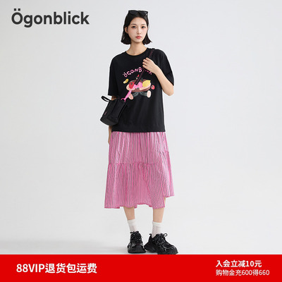 商场同款北欧时刻拼接设计感T恤连衣裙女25年夏季新款条纹中长裙