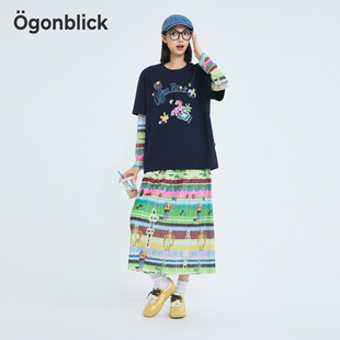 女夏新款 北歐時刻 印花T恤彩繪打底衫 百褶半裙套裝 上衣半裙三件套
