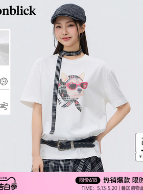 北欧时刻'潮酷小狗印花白色T恤女26年夏季新款简约百搭设计感上衣
