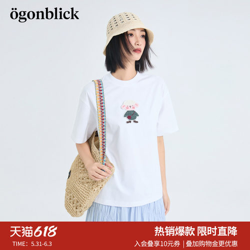 北欧时刻'萌趣小羊刺绣白色T恤女2026年夏季新款宽松圆领短袖上衣