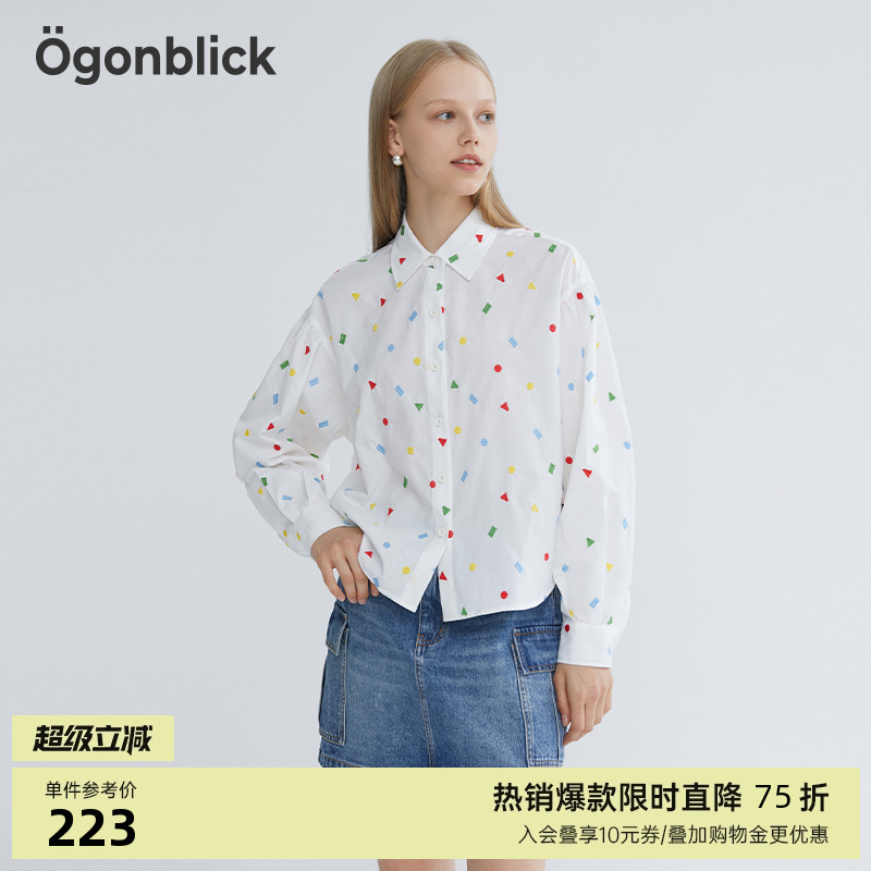 [商场同款]北欧时刻白色长袖衬衫女春季彩色几何刺绣翻领衬衣上衣