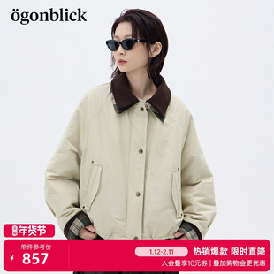 北欧时刻撞色拼接格子衬衫领羽绒服女25冬季新款宽松灯芯绒厚外套