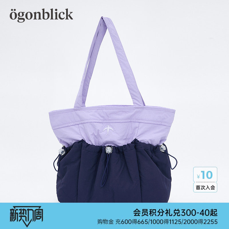 北欧时刻撞色拼接托特豆腐包女抽绳设计感大容量旅行手提单肩包包