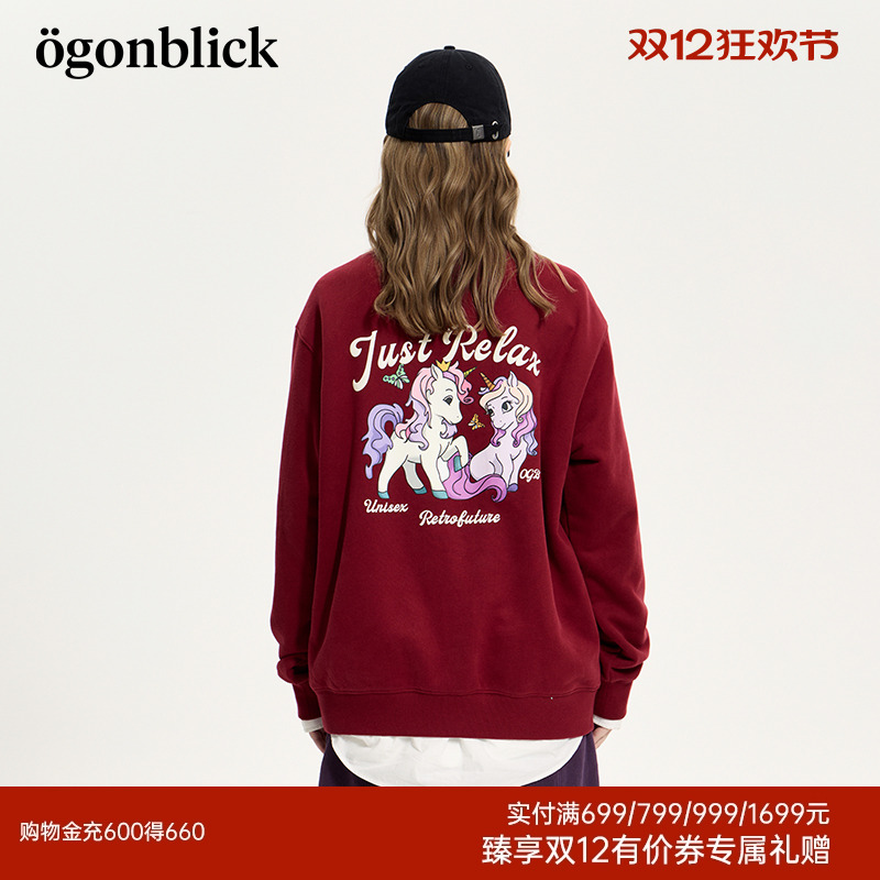 北欧时刻美式独角兽印花红色套头卫衣女26年春季新款宽松百搭上衣