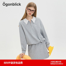 商场同款北欧时刻拉链拼接蕾丝娃娃领灰色卫衣女秋季新款套头上衣