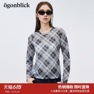 商场同款'北欧时刻黑白格子薄款T恤女26夏季新款正肩显瘦长袖上衣