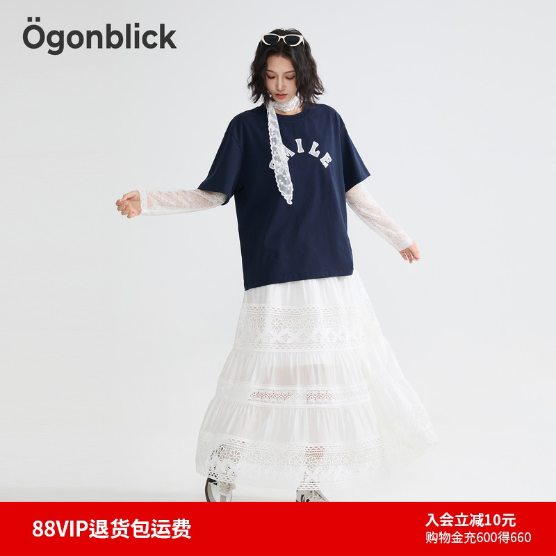 商场同款]北欧时刻字母T恤蕾丝裙套装女25年夏新款上衣半裙两件套