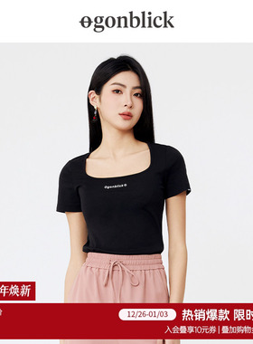 北欧时刻黑色短款方领短袖OU-t恤女高腰紧身修身2026夏季新款上衣
