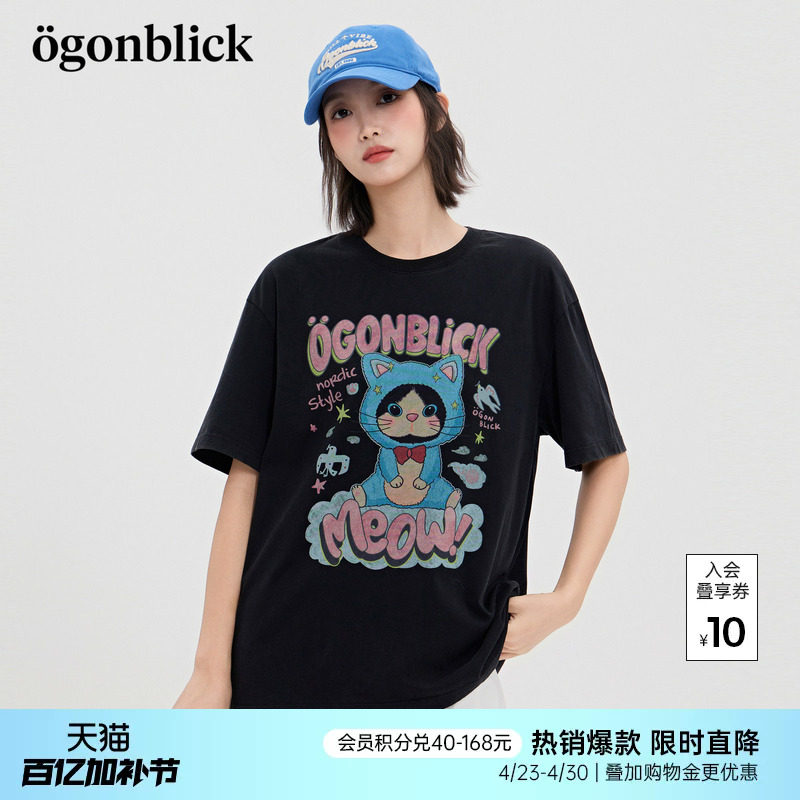 商场同款]北欧时刻逗鸭联名潮酷猫咪黑色T恤女26夏季新款萌趣上衣