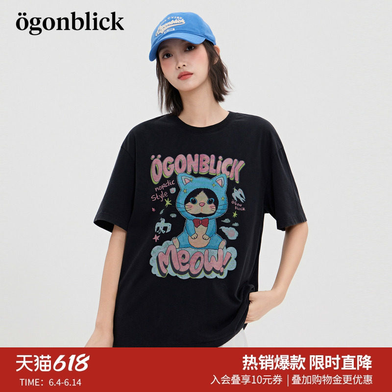 商场同款]北欧时刻逗鸭联名潮酷猫咪黑色T恤女26夏季新款萌趣上衣